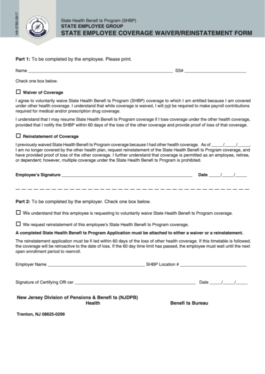 Form Ha-0780 - State Employee Coverage Waiver/reinstatement Printable pdf