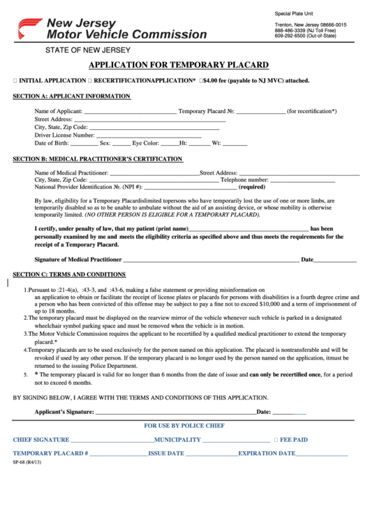 Fillable Form Sp-68 - Application For Temporary Placard Printable pdf