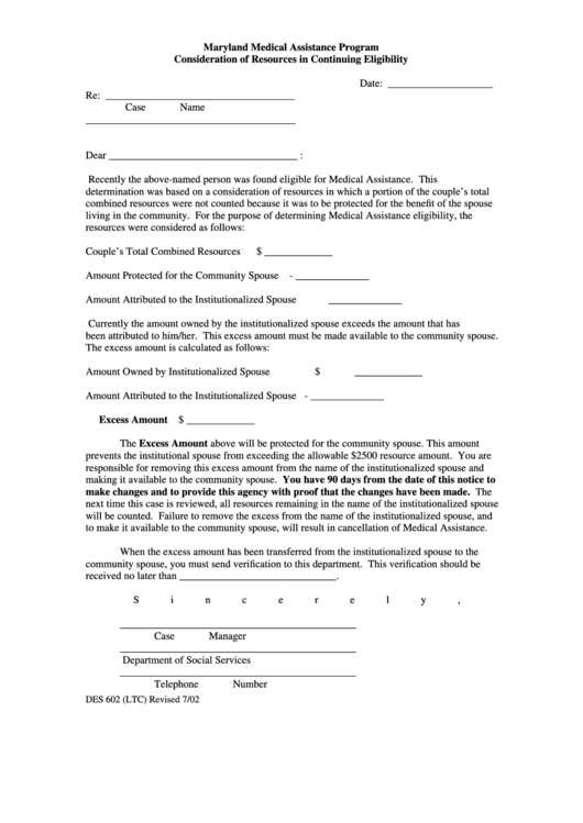 Fillable Form Des-602 Consideration Of Resources In Continuing Eligibility Printable pdf