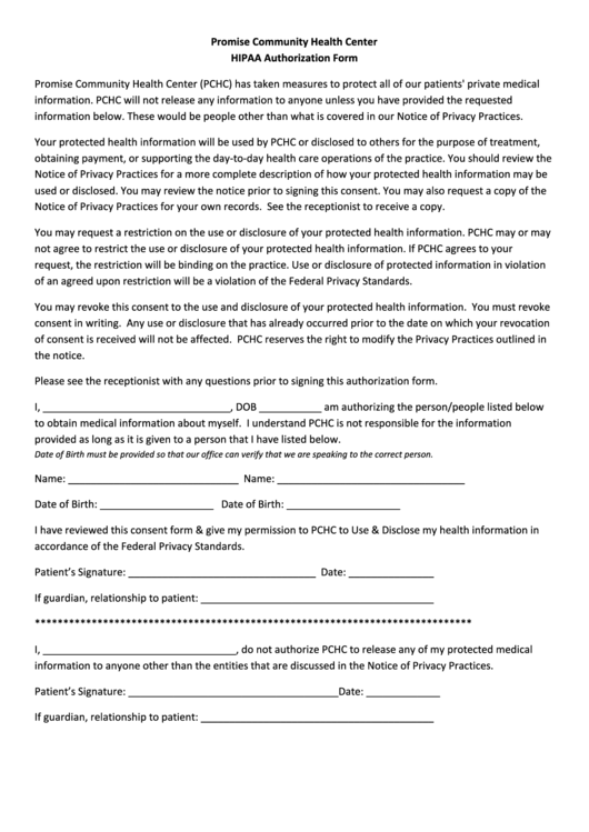 Hipaa Authorization Form Printable pdf