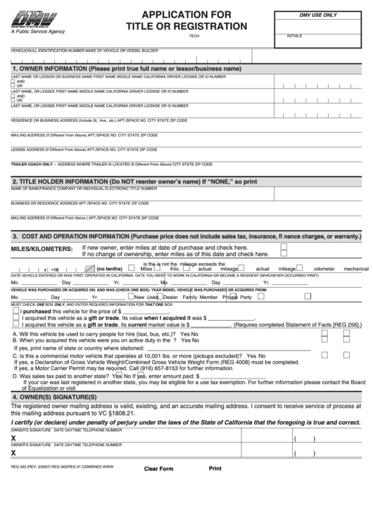 Fillable Form Reg 343 - Application For Title Or Registration Printable pdf