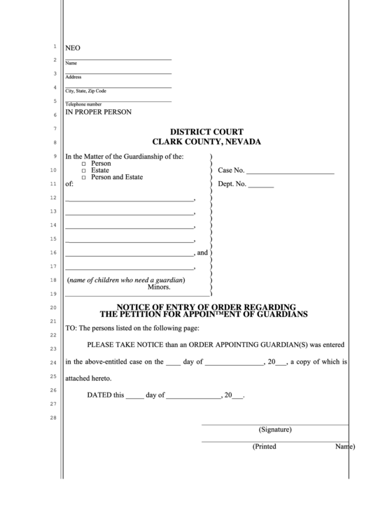 Fillable Notice Of Entry Of Order Regarding The Petition For