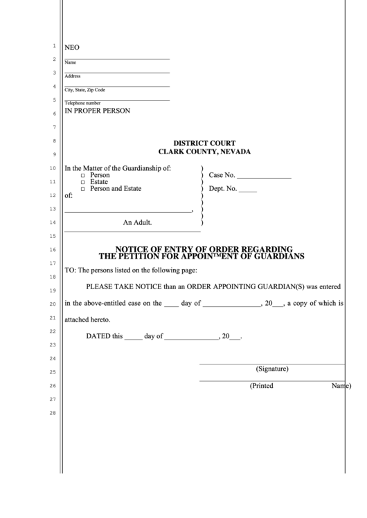 Fillable Notice Of Entry Of Order Regarding The Petition For Appointment Of Guardians Form - Clark County, Nevada Printable pdf