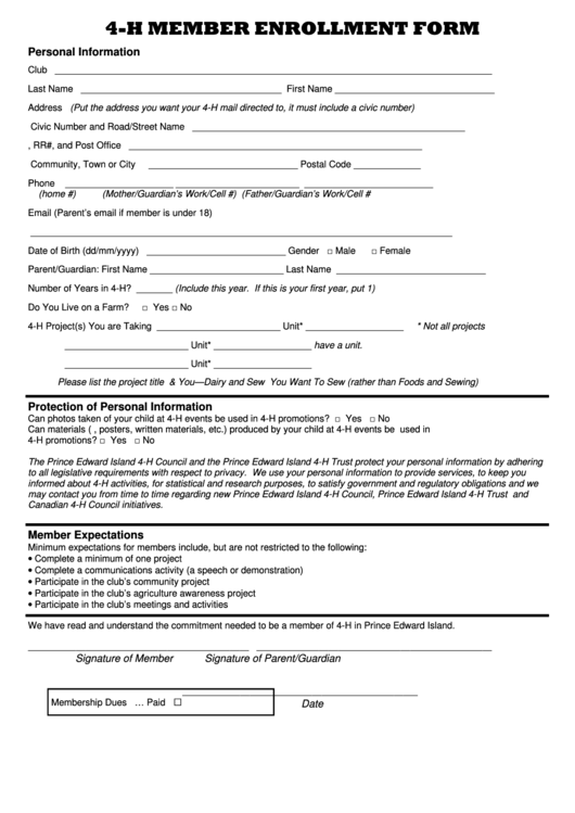 Fillable 4-H Member Enrollment Form Printable pdf