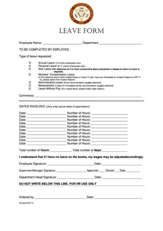 Fillable Leave Form Template Printable pdf