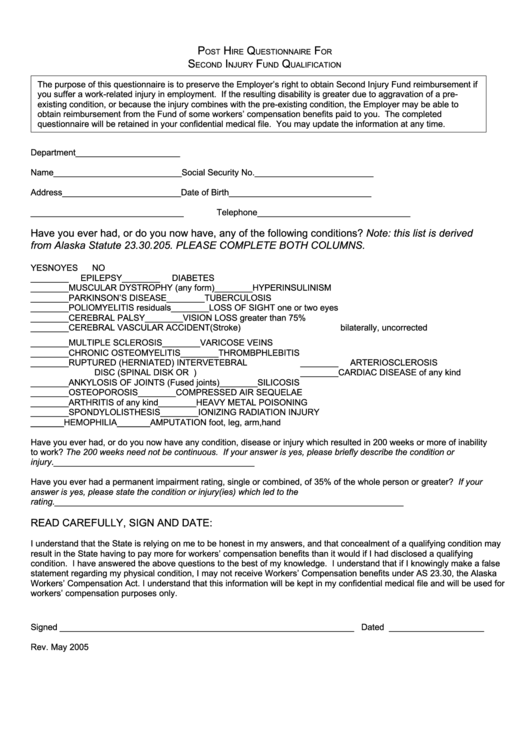 Post Hire Questionnaire For Second Injury Fund Qualification Form