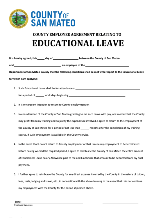 Fillable Educational Leave Employee Agreement Form Printable pdf