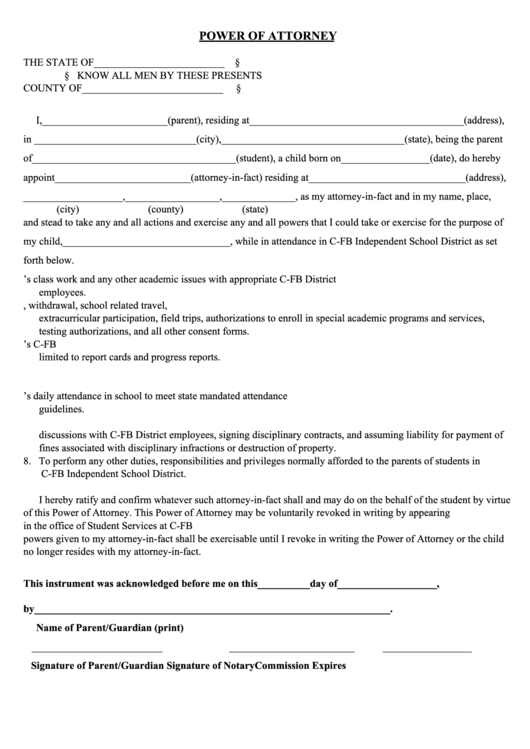 Fillable Power Of Attorney Form C-Fb Independent School District Printable pdf