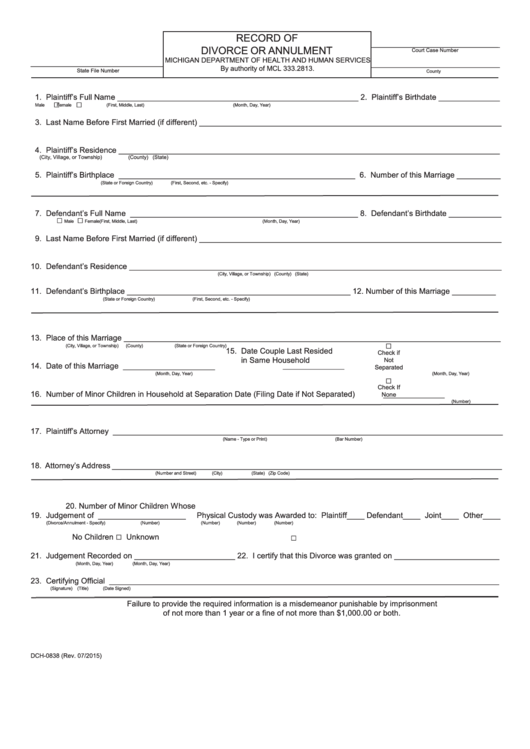 Fillable Form Dch-0838 - Record Of Divorce Or Annulment Printable pdf