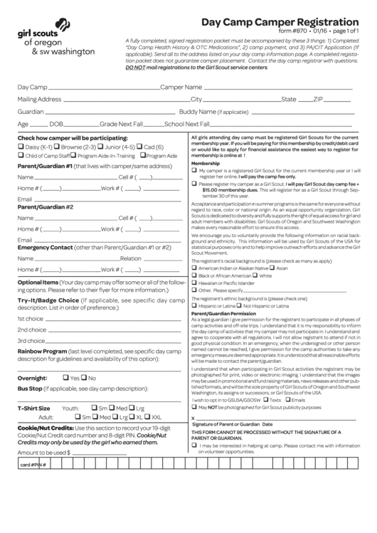 Fillable Day Camp Camper Registration Form Printable pdf