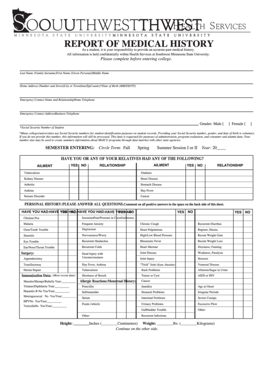 Report Of Medical History Form Printable pdf
