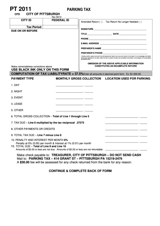 Form Pt 2011 - Parking Tax - City Of Pittsburgh - 2010 Printable pdf