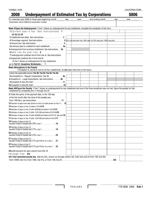Fillable California Form 5806 - Underpayment Of Estimated Tax By Corporations - 2008 Printable pdf