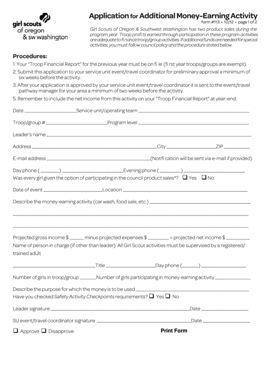 Fillable Application For Additional Money-Earning Activity Form Printable pdf