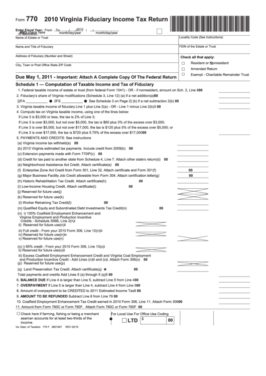 Form 770 - Virginia Fiduciary Income Tax Return - 2010 Printable pdf