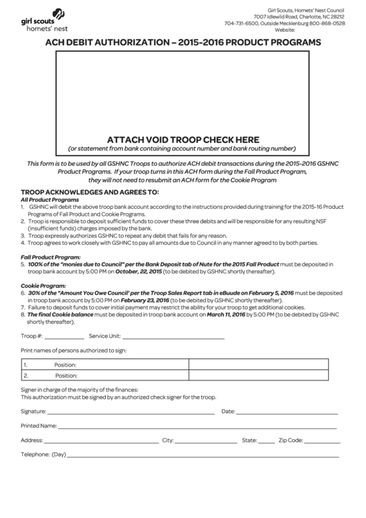 Ach Debit Authorization Form - 2015-2016 Printable pdf