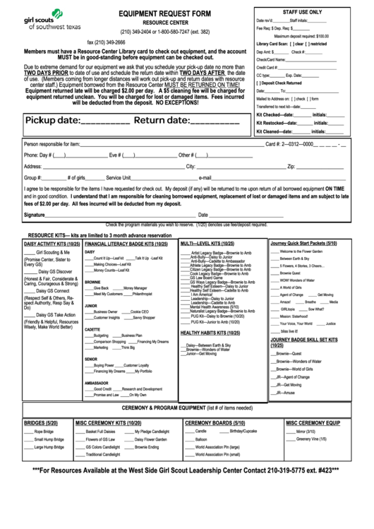 Equipment Request Form - Girl Scouts Printable pdf