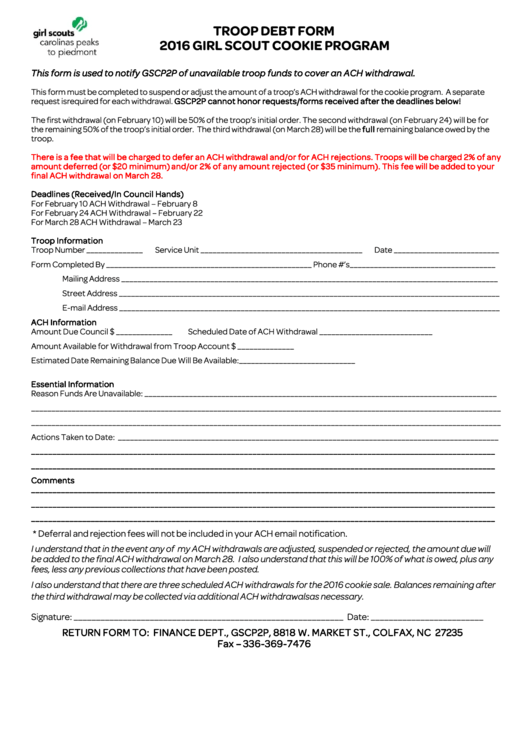 Troop Debt Form - Girl Scout Cookie Program - 2016 Printable pdf