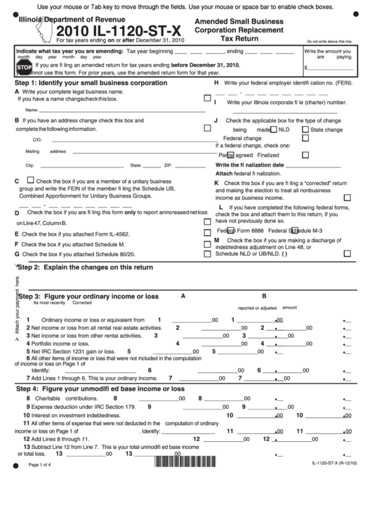 Fillable Form Il-1120-St-X - Amended Small Business Corporation Replacement Tax Return - 2010 Printable pdf