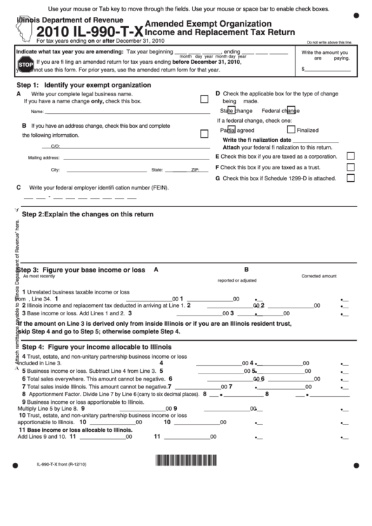 Fillable Form Il-990-T-X - Amended Exempt Organization Income And Replacement Tax Return - 2010 Printable pdf