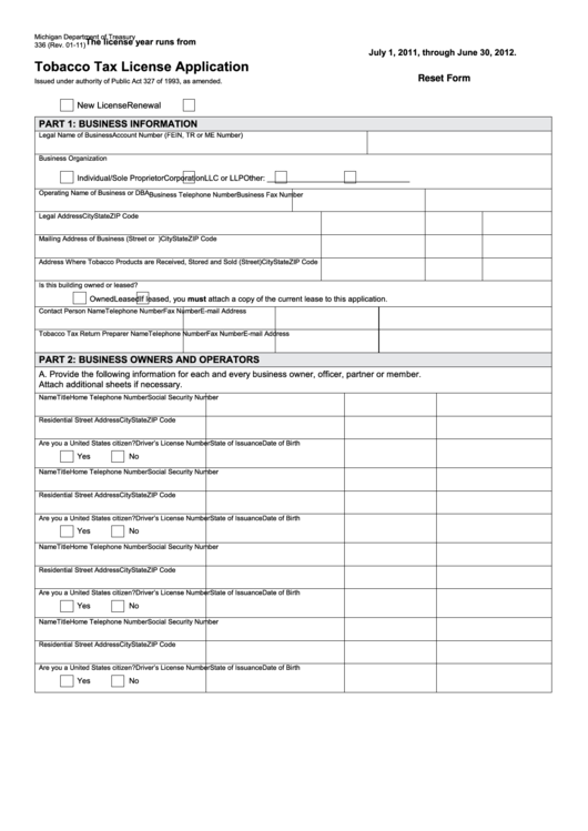 Fillable Form 336 - Tobacco Tax License Application - 2011 Printable pdf