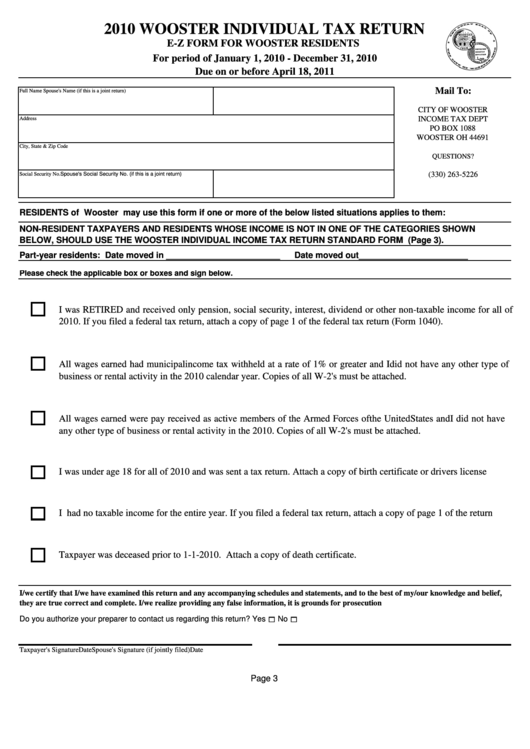 2010 Wooster Individual Tax Return Form Printable pdf