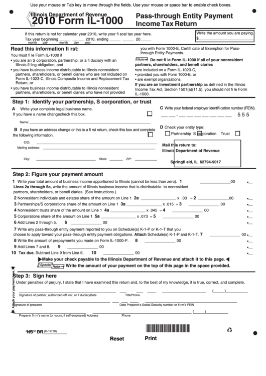 Fillable Form Il-1000 - Pass-Through Entity Payment Income Tax Return - 2010 Printable pdf