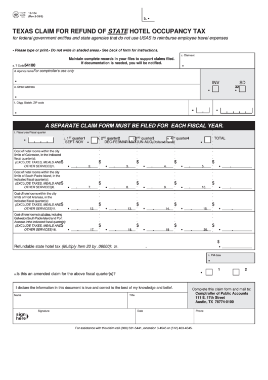 Fillable Form 12-104 - Texas Claim For Refund Of State Hotel Occupancy Tax - 2006 Printable pdf