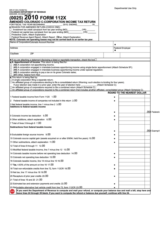 Form Dr 0112x - Amended Colorado C-Corporation Income Tax Return - 2010 Printable pdf