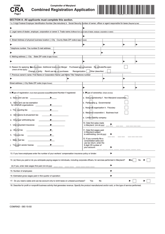 Fillable Form Cra - Combined Registration Application Printable pdf