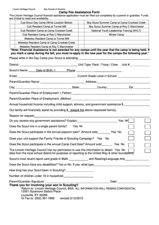 Camp Fee Assistance Form - Boy Scouts Of America Printable pdf