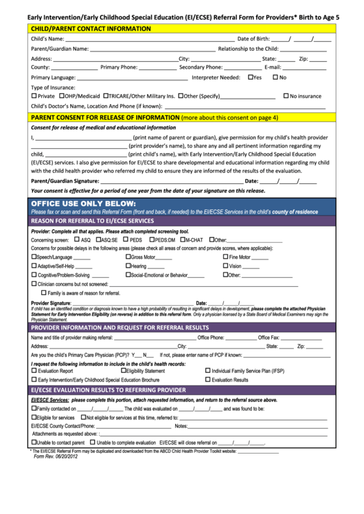 Early Intervention/early Childhood Special Education (Ei/ecse) Referral Form For Providers* Birth To Age 5 Form Printable pdf