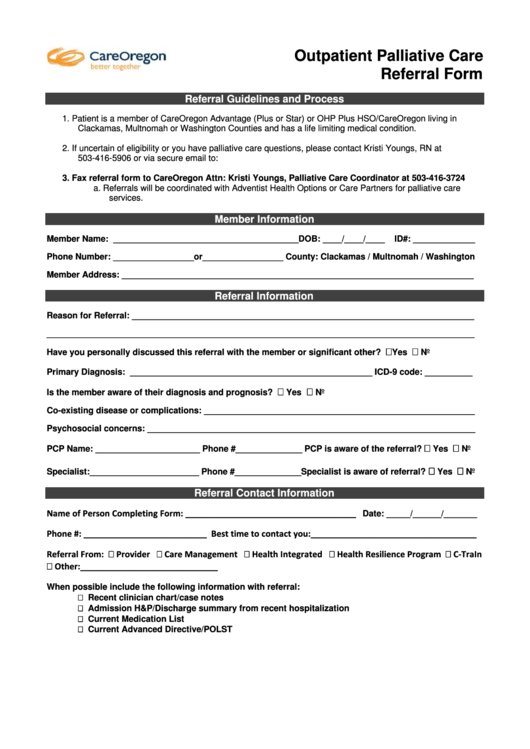 Outpatient Palliative Care Referral Form Printable pdf