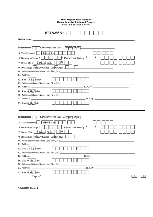 Fillable Form Up 8-8 - Owner Report Of Unclaimed Property - West Virginia - 2011 Printable pdf