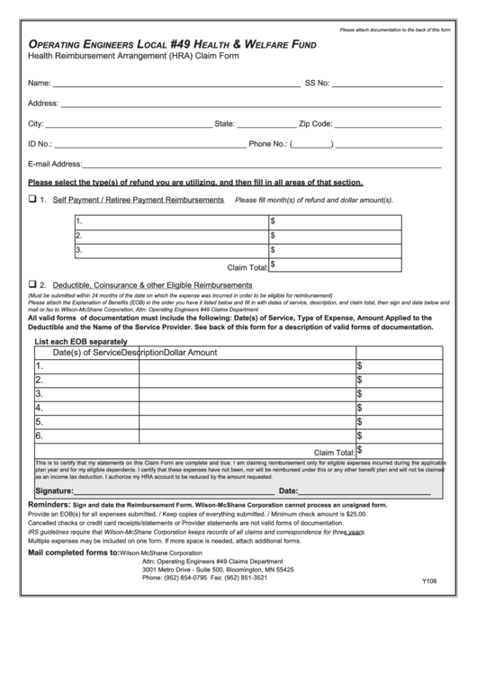 Y106 - Health Reimbursement Arrangement (Hra) Claim Form Printable pdf