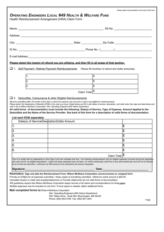 Y106 Health Reimbursement Arrangement Hra Claim Form Printable Pdf Download