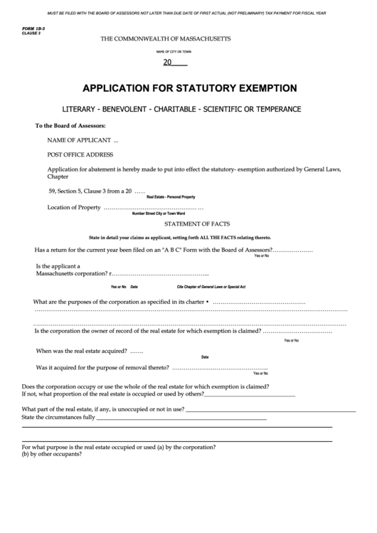 Fillable Form 1b-3 - Application For Statutory Exemption Printable pdf
