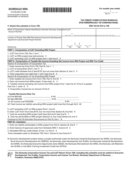 Form 41a720-S35 - Schedule Kra - Tax Credit Computation Schedule (For A Kra Project Of Corporations) - 2008 Printable pdf