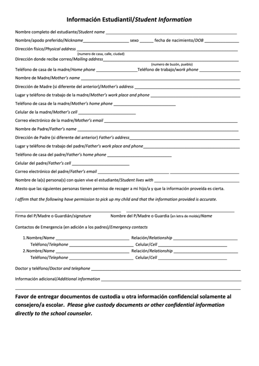 Informacion Estudiantil/studentinformation Form Printable pdf