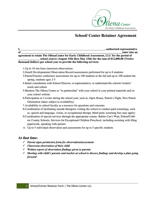 Fillable School/center Retainer Agreement Template Printable pdf