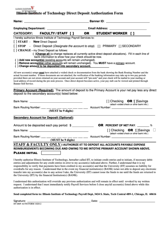 Illinois Institute Of Technology Direct Deposit Authorization Form Printable pdf