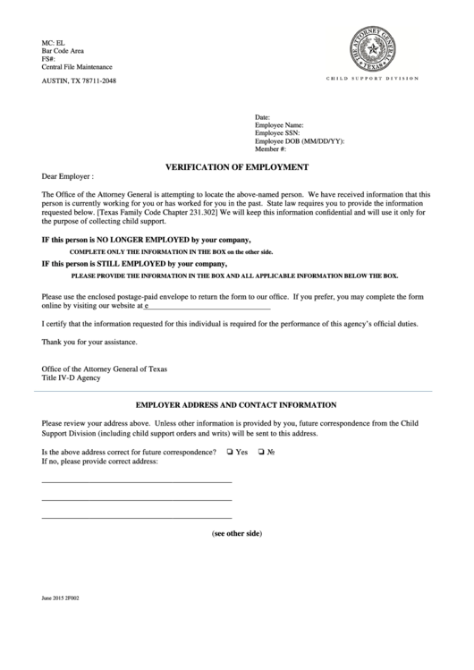 Verification Of Employment Form Printable pdf