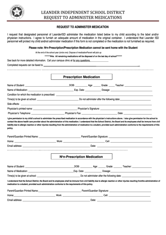 Request To Administer Medicine Form Printable pdf