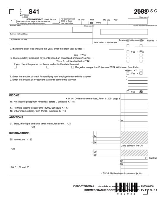 Fillable Form 41s - Idaho S Corporation Income Tax Return - 2008 Printable pdf