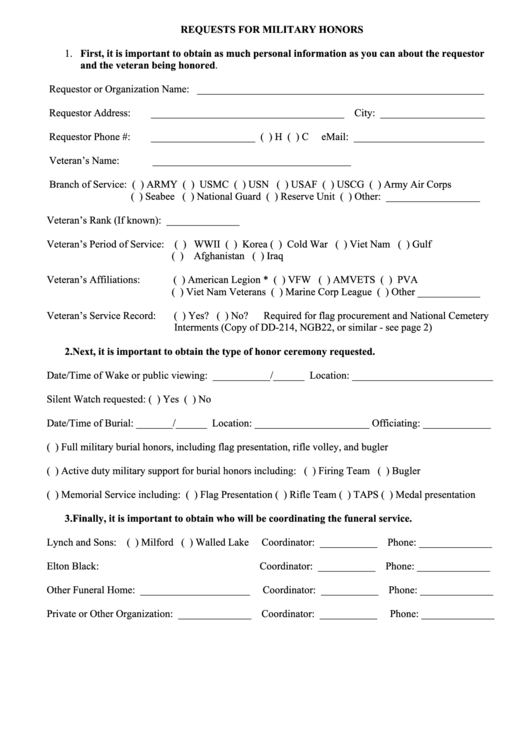 Requests For Military Honors Form Printable pdf