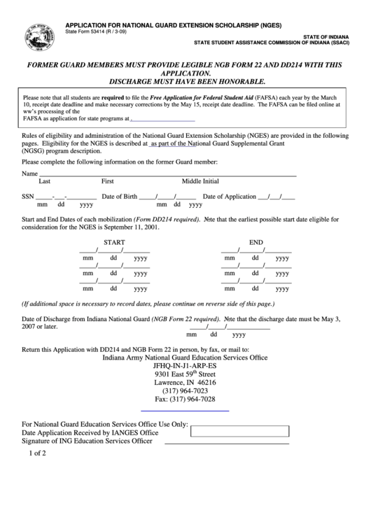 Form 53414 - Application For National Guard Extension Scholarship (Nges) Printable pdf