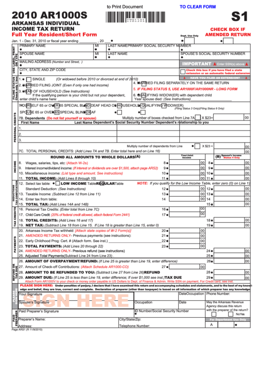 Fillable Form Ar1000s - Arkansas Individual Income Tax Return - 2010 Printable pdf