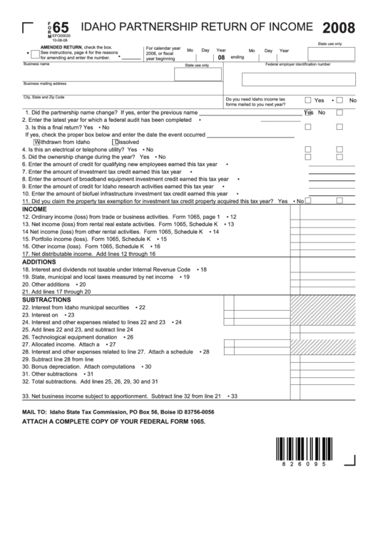 Fillable Form 65 - Idaho Partnership Return Of Income - 2008 Printable pdf