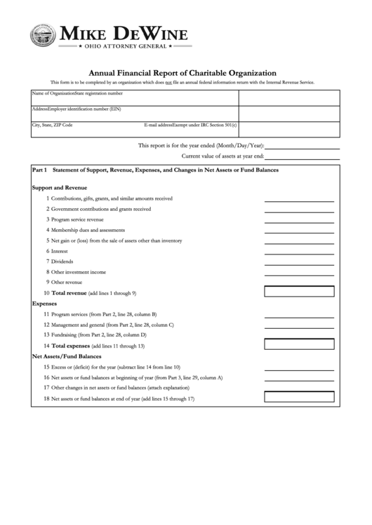 Fillable Annual Financial Report Of Charitable Organization Form - 2011 Printable pdf