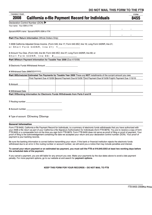 Fillable Form 8455 - California E-File Payment Record For Individuals - 2008 Printable pdf